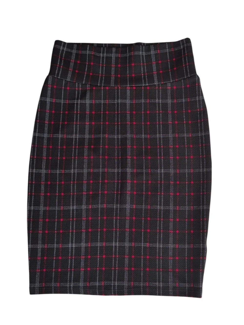LuLaRoe Cassie Pencil Skirt Plaid Grid Knit Pull On Style XS Black Red White